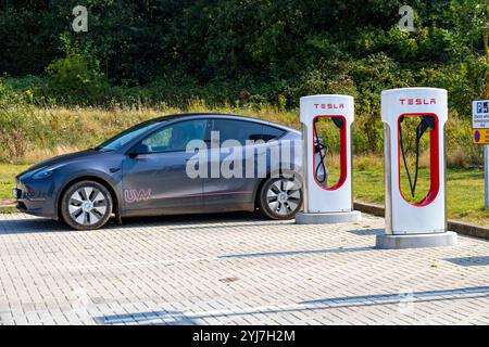 Das Elektrofahrzeug Tesla Model Y wird an einem Tesla-Kompressor an der Blyth Moto-Tankstelle in Nottinghamshire, England, Großbritannien, aufgeladen Stockfoto