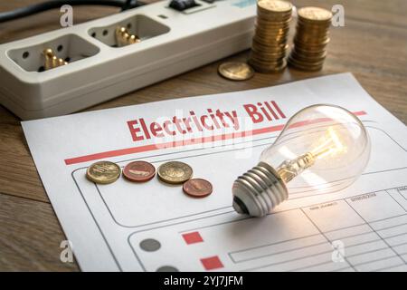 Das Bild zeigt eine hohe Stromrechnung, eine beleuchtete Glühbirne und einen Stapel Münzen, die die finanzielle Belastung durch steigende Energiekosten und die impac symbolisieren Stockfoto