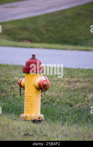 Hydrant im Gras in der Nähe einer Straße, der für die Feuerwehr verwendet wird, um im Brandfall schnell Wasser zu erhalten Stockfoto