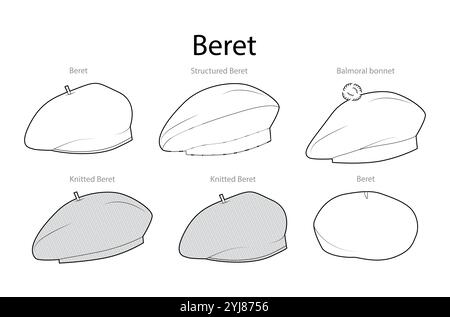 Set aus Baskenmützen mit Namen - strukturierte Balmoral-Mütze gestrickt. Winter Kopf Mode Accessoire Cap Kleidung technische Illustration. Vektor-Kopfbedeckung, flache Vorlage CAD-Modellskizze, Umriss isoliert Stock Vektor