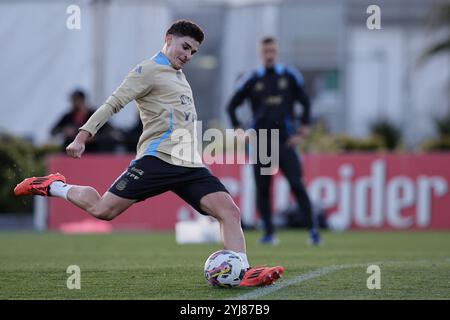 Ezeiza, Argentinien - 12. November 2024: Die argentinische Fußballnationalmannschaft hielt in ihrem Ezeiza-Komplex eine Trainingseinheit ab, in der wichtige Spieler spielten Stockfoto