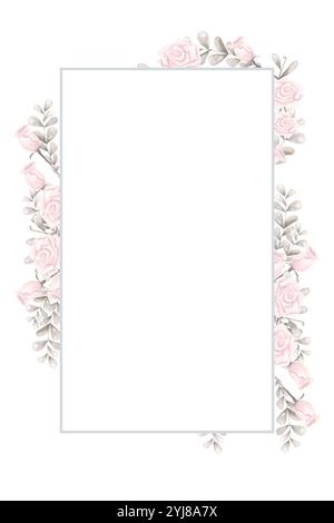 Banner rechteckig vertikal mit silbernem Rand, mit rosa Rosen, silbernem Laub, Aquarell digitale Illustration Kopierraum mit leerem Raum für Text Stockfoto