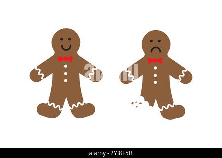 Lebkuchenmann-Symbol. Lächelnde und traurige Figuren. Festliches Keksdesign. Vektorabbildung. Stock Vektor
