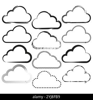 Cloud Outline Kollektion. Kritzeln Sie Skizzenwolken. Schwarze Silhouettensymbole. Vektorabbildung. Stock Vektor