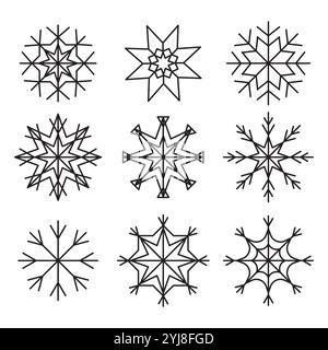 Dekorative Schneeflocken-Symbole. Geometrische Winterdesigns. Einzigartige saisonale Symbole. Vektorabbildung. Stock Vektor