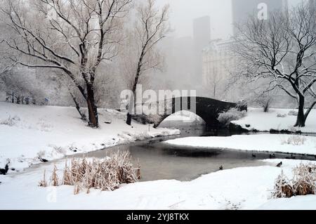 Im Winter fällt der Schnee rund um die steinerne Gapstow Bridge und die umliegenden Bäume im Central Park in New York City Stockfoto