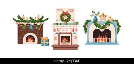 Brennende Kamine mit Weihnachtsschmuck flache Farbe Vektor-Objekte gesetzt. Frohe Winterferien Atmosphäre zu Hause Illustrationen bündeln sich auf weißer Rückseite Stock Vektor