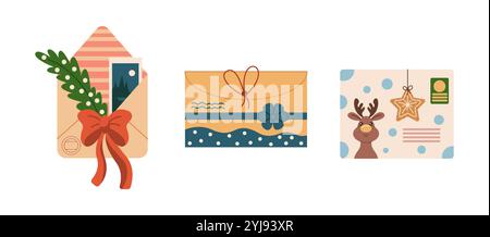 Festliche Weihnachtsumschläge mit dekorativen Elementen flache Farbe Vektor-Objekte Set. Weihnachtsgrüße, die in weiß gebündelt sind Stock Vektor