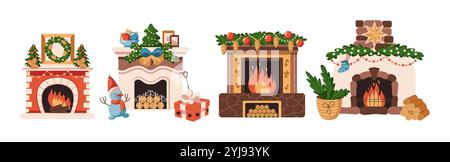 Kamine mit Weihnachtsdekorationen flache Farbe Vektor Objekte Set. Urlaubsatmosphäre zu Hause: Illustrationen bündeln sich auf weißem Hintergrund Stock Vektor