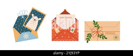 Festliche Weihnachtsumschläge mit Karten und Buchstaben flache Farbe Vektor-Objekte Set. Weihnachtsgrußkarten Illustrationen bündeln sich auf weiß Stock Vektor
