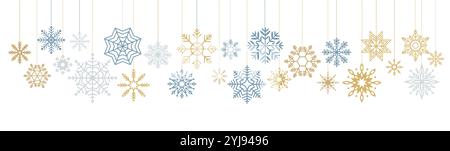 Elegante Kollektion aus goldenem Silber und blauen Schneeflocken mit linearen Icons. Festliche Atmosphäre für Winterferienobjekte in weiß Stock Vektor