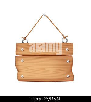 Hängendes hölzernes Schild mit Metallnägeln realistische Vektorillustration. Rustikaler, vielseitiger Hintergrund für Nachrichten und Ankündigungen 3D-Objekt auf weiß Stock Vektor