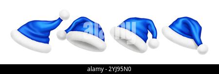 Weihnachtsmann Hüte mit Pelzkugeln realistische Vektor-Illustration Set. Weihnachten festliche Atmosphäre Kleidung 3D Modelle auf weißem Hintergrund Stock Vektor