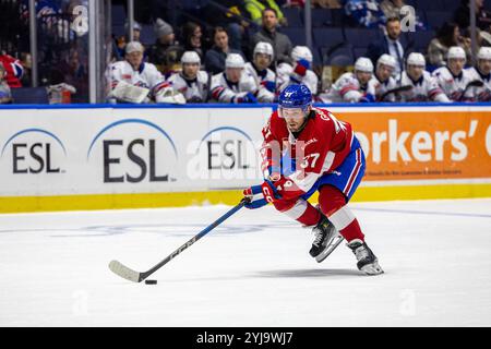 Rochester, New York, USA. November 2024. Laval Rocket Stürmer Brandon Gignac (37) skatet in der ersten Periode gegen die Rochester Americans. Die Rochester Americans veranstalteten die Laval Rocket in einem Spiel der American Hockey League in der Blue Cross Arena in Rochester, New York. (Jonathan Tenca/CSM). Quelle: csm/Alamy Live News Stockfoto