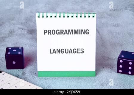 Business, Programmierung, Schnittstelle, Anwendung und Netzwerkkonzept. TEXTPROGRAMMIERSPRACHEN auf einem aufrechten Notizblock. Stockfoto