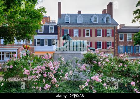 Tigerstatue im Palmer Squar, umgeben von Blooming Roses, Princeton, New Jersey, USA Stockfoto