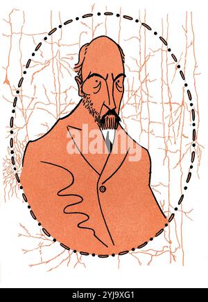 Karikatur von Santiago Ramón y Cajal (Petilla de Aragón (Navarra), 1852-Madrid, 1934). Histologe und spanischer Pathologe, Nobelpreis für Medizin im Jahr 1906 für die Entdeckung der Mechanismen, die die Morphologie und die Bindeprozesse von Nervenzellen steuern, eine neue und revolutionäre Theorie, die als „Doktrin des Neurons“ bezeichnet wurde. Jahr 1911. AUTOR: ROMÁN BONET SINTES 'BON'. Stockfoto