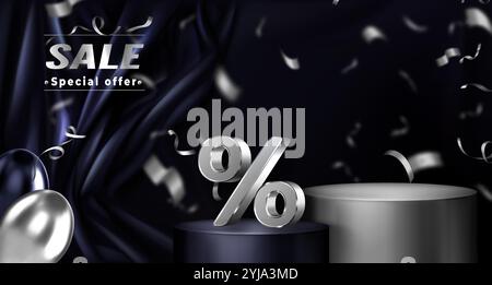 Silbernes Prozentsymbol auf schwarzem Podium, leere graue Plattform auf dunklem Hintergrund mit drapiertem Vorhang und fallenden Konfetti-Bändern. Aktionsbanner für saisonale und Black Friday-Rabatte. Stock Vektor