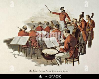 Johan Strauss und sein Orchester in Wien bei einem Hofball, 1893, Gravur. Museum: Museen der Stadt, VIENA, ÖSTERREICH. Autor: THEO FASCHE. JOHANN STRAUSS (JUNIOR). Stockfoto