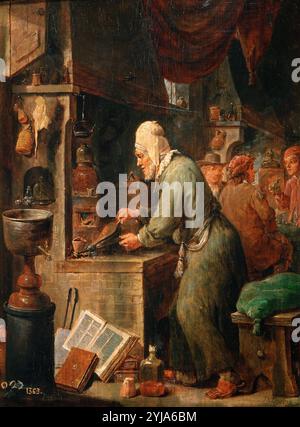 David Teniers el Joven / „The Alchemist“, 1631-1640, Öl auf Platte, 32 x 25 cm, P01804. MUSEUM: MUSEO DEL PRADO, MADRID, SPANIEN. Stockfoto