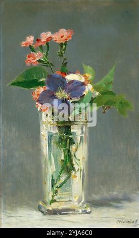 Edouard Manet / Nelken und Clematis in einer Kristallvase, um 1882, Öl auf Leinwand, 56 x 35,5 cm. Museum: MUSÉE d'ORSAY, BUDAPEST, Frankreich. Stockfoto