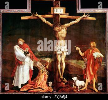 Matthias Grünewald / Inssenheimer Altar: Kreuzigung, 1515. Museum: MUSÉE d'UNTERLINDEN, Colmar, Frankreich. JESUS. Der heilige Johannes der Täufer. JUNGFRAU MARIA. Stockfoto