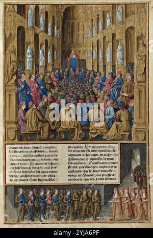 Papst Urban II. Predigt für den 1. Kreuzzug auf dem Konzil von Clermont 18.11.1095 in der Kathedrale vor Jean Fouquet. Museum: BIBLIOTHÈQUE NATIONALE, BUDAPEST, Frankreich. Stockfoto