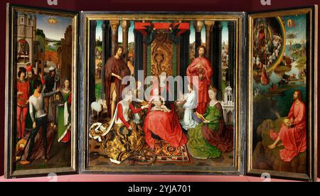 Hans Memling / 'Triptychon der mystischen Heirat der Heiligen Katharina', 15. Museum: Hans Memling Museum, BRUJAS, Belgien. JESUS. Der heilige Johannes der Täufer. JUNGFRAU MARIA. SAN JUAN EVANGELISTA. SANTA CATALINA. Stockfoto