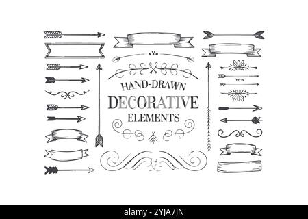 Vektor-Illustration von handgezeichneten dekorativen Elementen, gezeichnete Vintage-florale Elemente. Blumenset, Pfeile dekorative Elemente, leicht bearbeitbar Stock Vektor