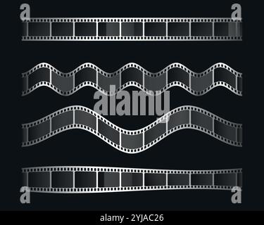 Satz glänzender Filmstreifen. Geschwungene und wellige Filmrahmen auf schwarzem Hintergrund. Vektorabbildung Stock Vektor