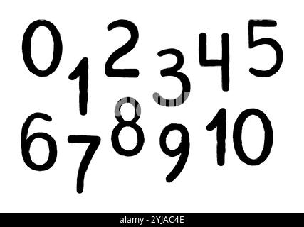 Zahlen in handgezeichnetem Kritzelstil isoliert auf weißem Hintergrund. Zahl 0 bis 10. Vektorabbildung Stock Vektor