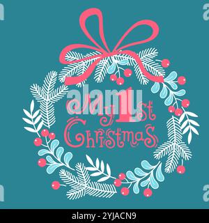 Weihnachtskranzdekoration. Muster mit Mistelblättern, Weihnachtsbaumzweigen, roten Beeren und Band. Vektor-Handzeichnung Illustration Stock Vektor