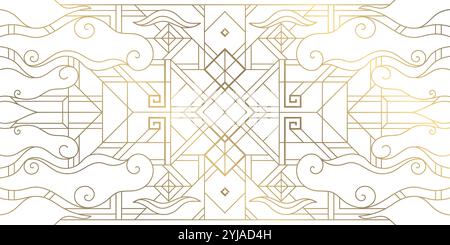 Abstrakter Osten des Vektors, koreanischer geometrischer Hintergrund mit Linienwolken. Gold auf weißem Ornament, Rahmen mit Wirbeln. Chinesisches Neujahrsschmuck. Stock Vektor