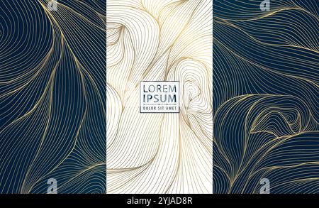 Vektorsatz des abstrakten Blattes, florale Linie goldene Etiketten, Poster, elegante Luxus-Pflanzenkarten. Pflanzliche Illustrationen, Paket. Stock Vektor