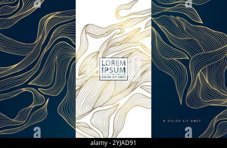 Vektorsatz des abstrakten Blattes, florale Linie goldene Etiketten, Poster, elegante Luxus-Pflanzenkarten. Pflanzliche Illustrationen, Paket. Stock Vektor