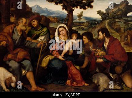 Bonifazio Veronese / 'die Anbetung der Hirten', ca. 1523, italienische Schule, Öl auf Platte, 118 cm x 168 cm, P00269. MUSEUM: MUSEO DEL PRADO, MADRID, SPANIEN. ST. JOSEPH. JESUS. JESUSKIND. JUNGFRAU MARIA. Stockfoto