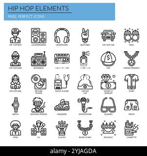 Hip Hop Elemente, Thin Line und Pixel Perfect Icons Stock Vektor