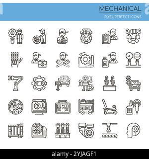 Satz von schwarzen und weißen dünnen mechanischen Symbolen Stock Vektor