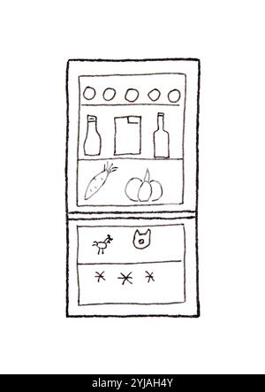 Minimalistische Skizze des Kühlschranks mit Lebensmitteln und Getränken in schlichtem Linienstil. Stockfoto