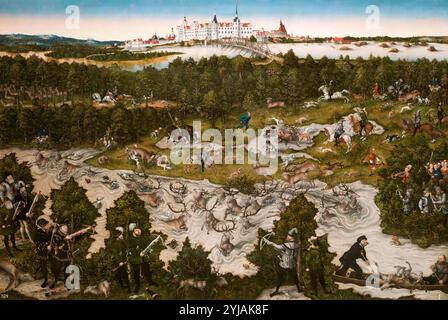 Lucas Cranach / 'Jagd in Ehren von Ferdinand I. im Schloss Torgau', 1545, Deutsche Schule, Öl auf Platte, 118 cm x 177 cm, P02176. MUSEUM: MUSEO DEL PRADO, MADRID, SPANIEN. Autor: Lucas Cranach der ältere. Stockfoto