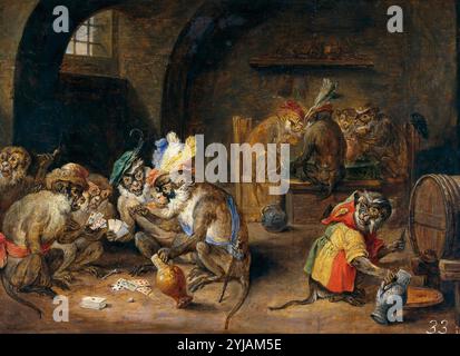 David Teniers / 'Monos en una bodega', 17. Jahrhundert, Flämische Schule, Öl auf Platte, 21 cm x 30 cm, P01807. MUSEUM: MUSEO DEL PRADO, MADRID, SPANIEN. AUTOR: DAVID TENIERS DER JÜNGERE. Stockfoto