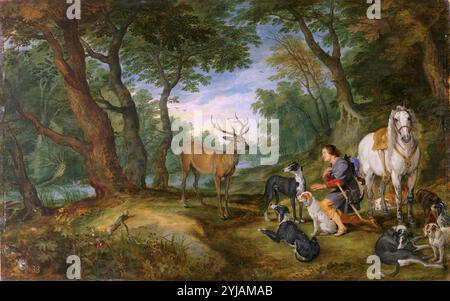 Pedro Pablo Rubens; Jan Brueghel „el Viejo“ / „Saint Hubert's Vision“, 1617-1620, Flämische Schule, Öl auf Platte, 63 cm x 100,5 cm, P01411. MUSEUM: MUSEO DEL PRADO, MADRID, SPANIEN. Stockfoto