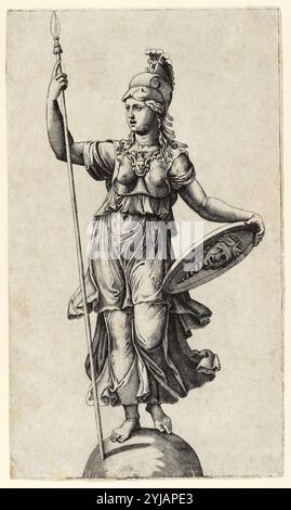 Pallas Athena steht auf einem Globus, Stich von Giulio Romano (Giulio Pippi) und Marcantonio Raimondi, 1520-1527 Stockfoto