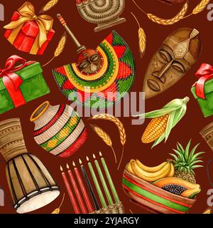 Kwanzaa nahtloses Muster aus verstreuter afrikanischer Trommel, Fan und Kinara mit Geschenken. Handgezeichnete Aquarell-Feiertagsillustration eines traditionellen Symbols Stockfoto