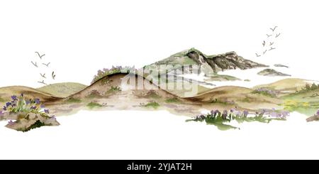 Landschaft mit sanften Hügeln Bergen Klippen Feldern Gras Weide Land alpine vista Blumen handgezeichnet in Aquarell. Nahtloses Banner. Für Stockfoto