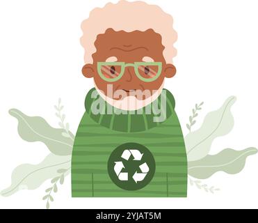 Glücklicher schwarzer, älterer Mann in Pullover aus recycelten Materialien. Moderne Großvater-Rentner und umweltfreundliche Kleidung, nachhaltige Mode. Recyceln Sie und Stock Vektor