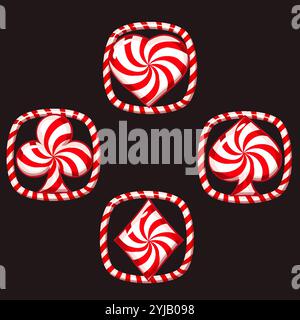 Set aus roten Spielkartensymbolen wie Lutscher oder cady für Ihr Spiel und Ihre Spielautomaten. Farbige Süßigkeiten Spielkartensymbole - Schläger, Diamanten, Herzen Stock Vektor