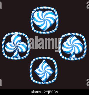 Set aus blauen Spielkartensymbolen wie Lutscher oder cady für Ihr Spiel und Ihre Spielautomaten. Süßigkeiten Spielkartensymbole - Schläger, Diamanten, Herzen und Stock Vektor