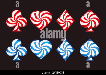 Set von Spielkartensymbolen wie Lutscher oder cady für dein Spiel und deine Spielautomaten. Rote und blaue Bonbons Spielkartensymbole - Schläger, Diamanten, Herzen Stock Vektor