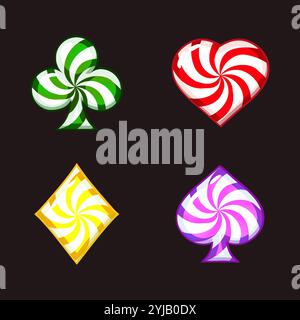 Set von Spielkartensymbolen wie Lutscher oder cady für dein Spiel und deine Spielautomaten. Farbige Süßigkeiten Spielkartensymbole - Schläger, Diamanten, Herzen und Stock Vektor